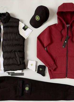 Чоловічий зимовий спортивний костюм stone island бордовий на флісі + жилетка + футболка + кепка стон айленд (bon)