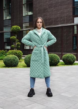 Жіноча куртка-пальто бірюзова в ромбик з утеплювачем і поясом без ґудзик двобортна весняна осіня (bon)5 фото