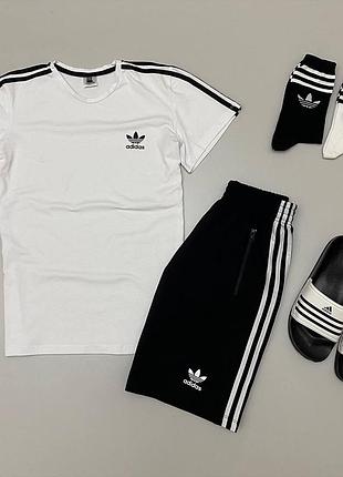 Чоловічий літній костюм adidas футболка + шорти + шльопанці + шльопанці + шкарпетки комплект адідас чорно-білий (bon)