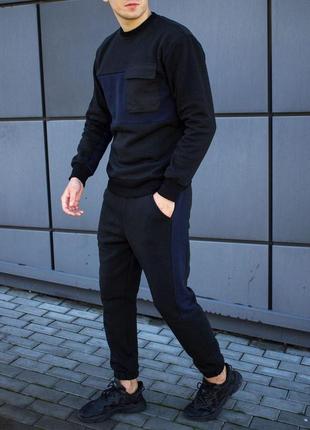 Чоловічий зимовий спортивний костюм на флісі утеплений чорний із синім (bon)