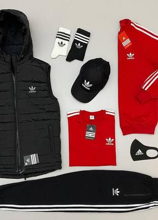 Чоловічий спортивний костюм adidas в смужку чорний з червоним набір 8в1 (bon)