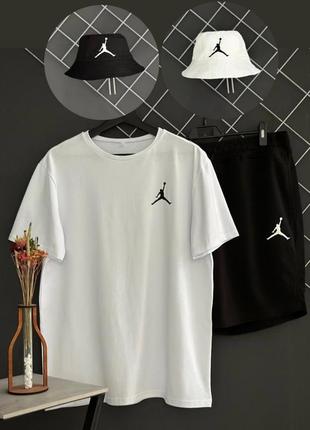 Чоловічий літній костюм 3в1 jordan футболка + шорти + панамка білий із чорним комплектом джордан на літо (bon)2 фото