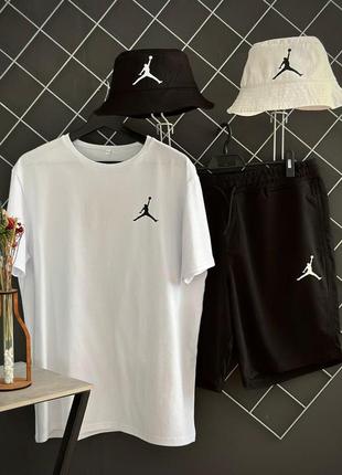 Мужской летний костюм 3в1 jordan футболка + шорты + панамка белый с черным комплект джордан на лето (bon)