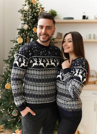 Парні новорічні светри для пари з оленями сині без горла вовняний (bon)