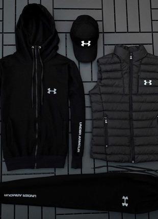 Чоловічий спортивний костюм under armour чорний демісезонний комплект андер армор жилетка + кепка (bon)3 фото