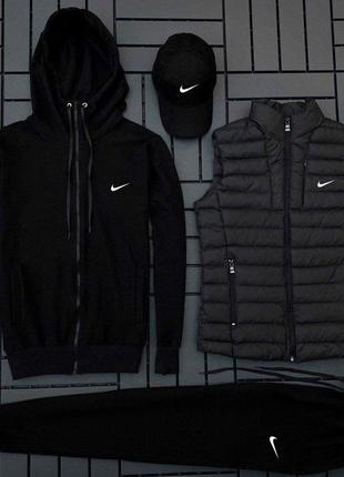 Чоловічий зимовий спортивний костюм nike 5в1 чорний  ⁇  комплект найк худі + штани + кепка + жилетка (bon)3 фото