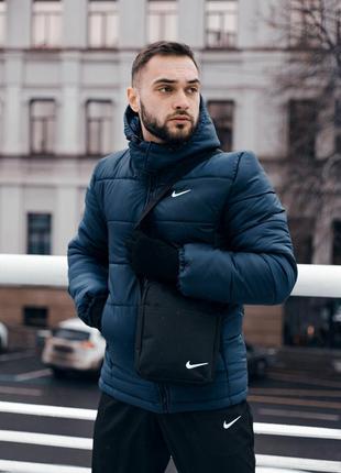 Чоловіча зимова куртка nike синя до -25 °c тепла на флісі з капюшоном  ⁇  чоловічий зимовий пуховик найк (bon)2 фото