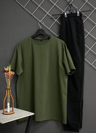 Мужской летний костюм футболка + штаны базовый без бренда спортивный костюм на лето хаки с черным (bon)