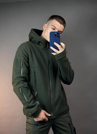 Мужская кофта тактическая флисовая хаки с капюшоном толстовка на молнии с карманами (bon)