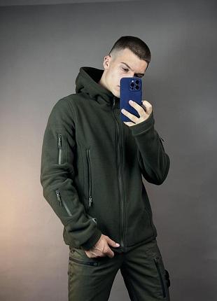 Мужская кофта тактическая флисовая хаки с капюшоном толстовка на молнии с карманами (bon)