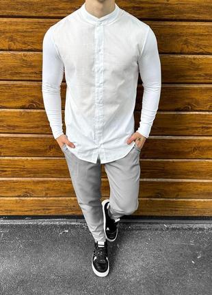 Мужской классический костюм рубашка + брюки белый с хаки повседневный в клетку (bon)3 фото