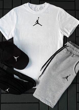 Мужской летний костюм jordan футболка + шорты + кепка + барсетка в подарок белый с серым комплект джордан