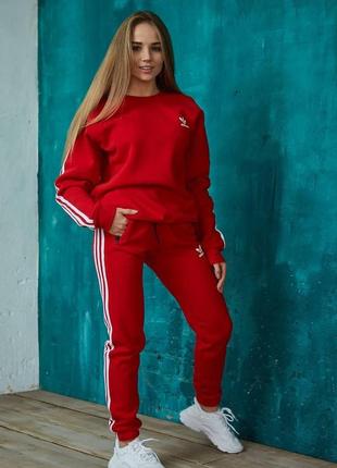 Жіночий зимовий спортивний костюм adidas червоний без капюшона | комплект світшот і штани на зиму (bon)