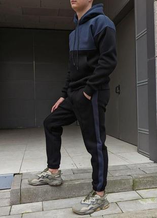 Мужской спортивный костюм зимний с лампасами double теплый черный с синим | худи и штаны на флисе (bon)4 фото