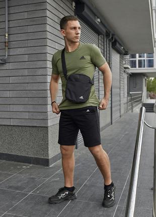 Чоловічий літній костюм adidas футболка + шорти + барсетка в подарунок хакі з чорним комплектом адідас (bon)10 фото