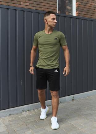 Чоловічий літній костюм adidas футболка + шорти + барсетка в подарунок хакі з чорним комплектом адідас (bon)3 фото