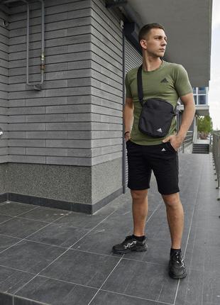 Чоловічий літній костюм adidas футболка + шорти + барсетка в подарунок хакі з чорним комплектом адідас (bon)8 фото