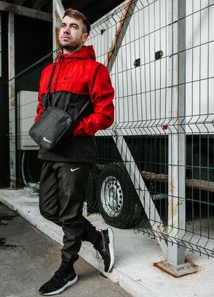 Мужской спортивный костюм nike анорак + штаны + барсетка черный с красным из плащевки найк  весенний (bon)1 фото