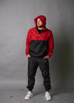 Мужской спортивный костюм nike анорак + штаны + барсетка черный с красным из плащевки найк  весенний (bon)10 фото