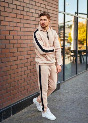 Мужской спортивный костюм бежевый с черным с лампасами весенний осенний asos | комплект худи и штаны (bon)