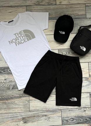 Чоловічий літній костюм the north face футболка + шорти + кепка + барсетка чорно-білий комплект зе норд фейс (bon)