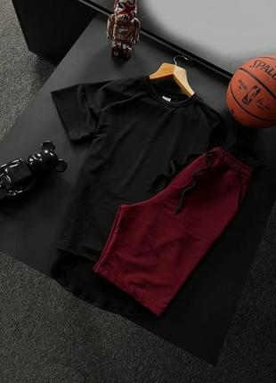 Чоловічий літній костюм оверсайз футболка та шорти чорний з бордовим спортивний костюм на літо (bon)