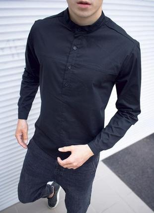 Мужская классическая рубашка черная хлопковая однотонная воротник стойка (bon)