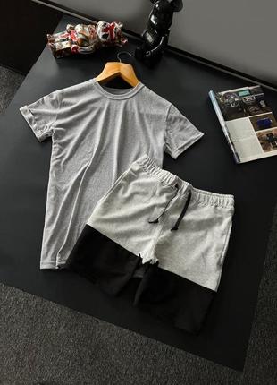 Мужской летний костюм футболка + шорты серый с черным базовый без бренда спортивный костюм на лето (bon)