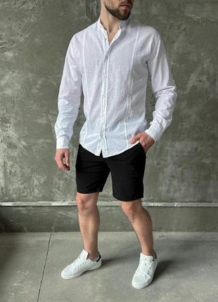 Мужская рубашка льняная белая воротник стойка молодежная приталенная с длинным рукавом (bon)6 фото