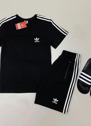 Мужской летний костюм adidas футболка + шорты + шлепанцы адидас черный на лето (bon)