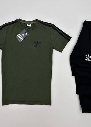 Мужской летний костюм adidas футболка + штаны хаки с черным адидас хлопковый (bon)