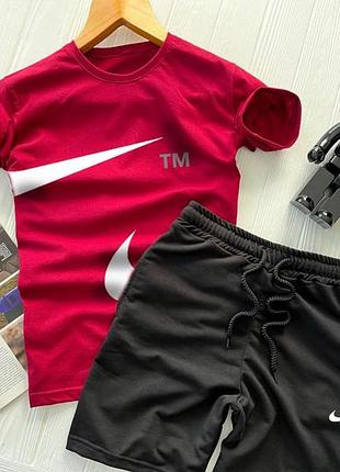 Мужской летний костюм футболка + шорты nike big swoosh бордовый с черным комплект найк (bon)