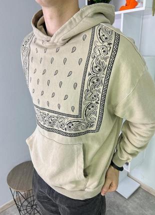 Мужское худи пейсли с карманами бежевое мужская бежевая кофта мужской худи с капюшоном толстовка   (bon)