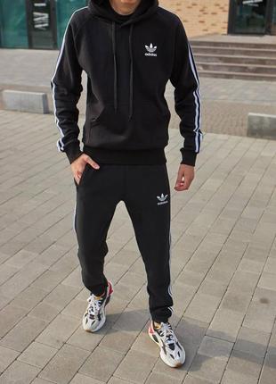 Мужской зимний спортивный костюм adidas черный с капюшоном комплект адидас на флисе худи + штаны (bon)