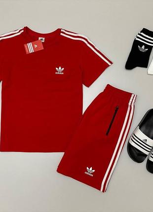 Чоловічий літній костюм adidas футболка + шорти + шльопанці + шльопанці + шкарпетки комплект адідас червоний (bon)
