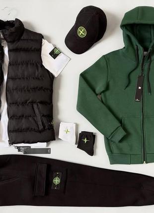 Чоловічий зимовий спортивний костюм stone island хакі на флісі + жилетка + футболка + кепка стон айленд (bon)