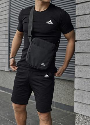 Чоловічий літній костюм adidas футболка + шорти + барсетка в подарунок чорний комплект адідас (bon)1 фото