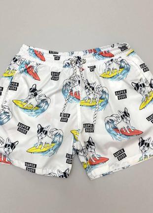 Мужские пляжные шорты белые короткие яркие с принтом летние плавательные шорты с сеткой (bon)4 фото