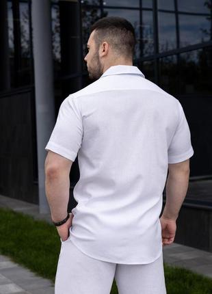 Мужская льняная рубашка белая классический воротник молодежная приталенная с коротким рукавом (bon)3 фото