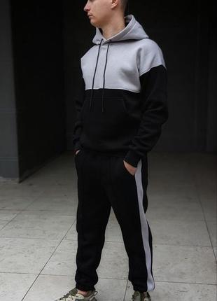 Мужской спортивный костюм зимний с лампасами double теплый черный с серым | худи и штаны на флисе (bon)2 фото
