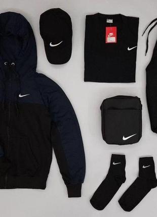 Чоловічий спортивний костюм nike чорний із синім весняним найк мессенджер + футболка + кепка + шкарпетки (bon)