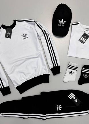 Мужской спортивный костюм adidas 5в1 свитшот + штаны + футболка + кепка без капюшона черно-белый (bon)3 фото