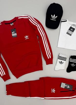 Мужской спортивный костюм adidas 5в1 свитшот + штаны + футболка + кепка без капюшона черно-белый (bon)4 фото