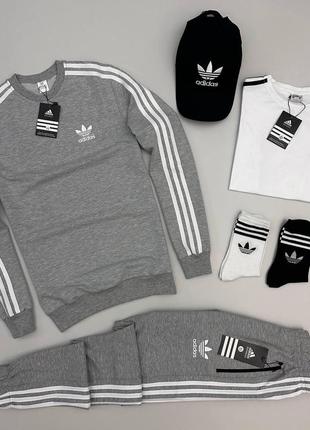 Мужской спортивный костюм adidas 5в1 свитшот + штаны + футболка + кепка без капюшона черно-белый (bon)7 фото