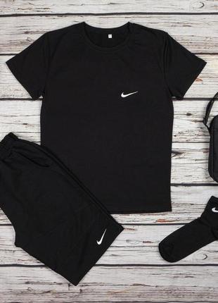 Мужской летний костюм nike футболка + шорты + кепка + сумка + носки комплект найк 5в1 черный (bon)