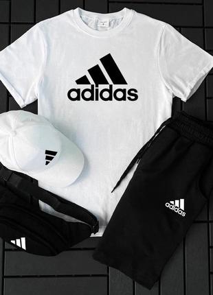 Мужской летний костюм adidas футболка + шорты + кепка + барсетка в подарок белый с черным комплект (bon)