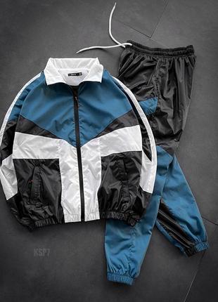 Чоловічий спортивний костюм із плащової тканини вітровка + штани чорний з бірюзовим весняним осіннім (bon)6 фото