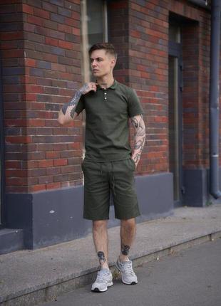 Чоловічий костюм літній лляний хакі flax комплект футболка поло + шорти з льону (bon)