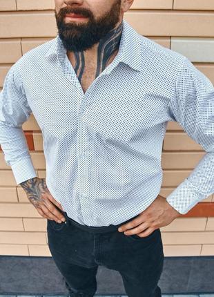 Мужская классическая рубашка белая хлопковая в мелкий горошек однотонная с классическим воротником (bon)3 фото