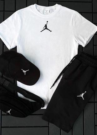 Мужской летний костюм jordan футболка + шорты + кепка + барсетка в подарок белый с черным комплект джордан